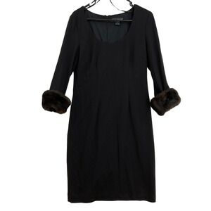 Jessica Howard Black Sheath Dress Removable Faux Fur Cuffs Size 10 Cocktail